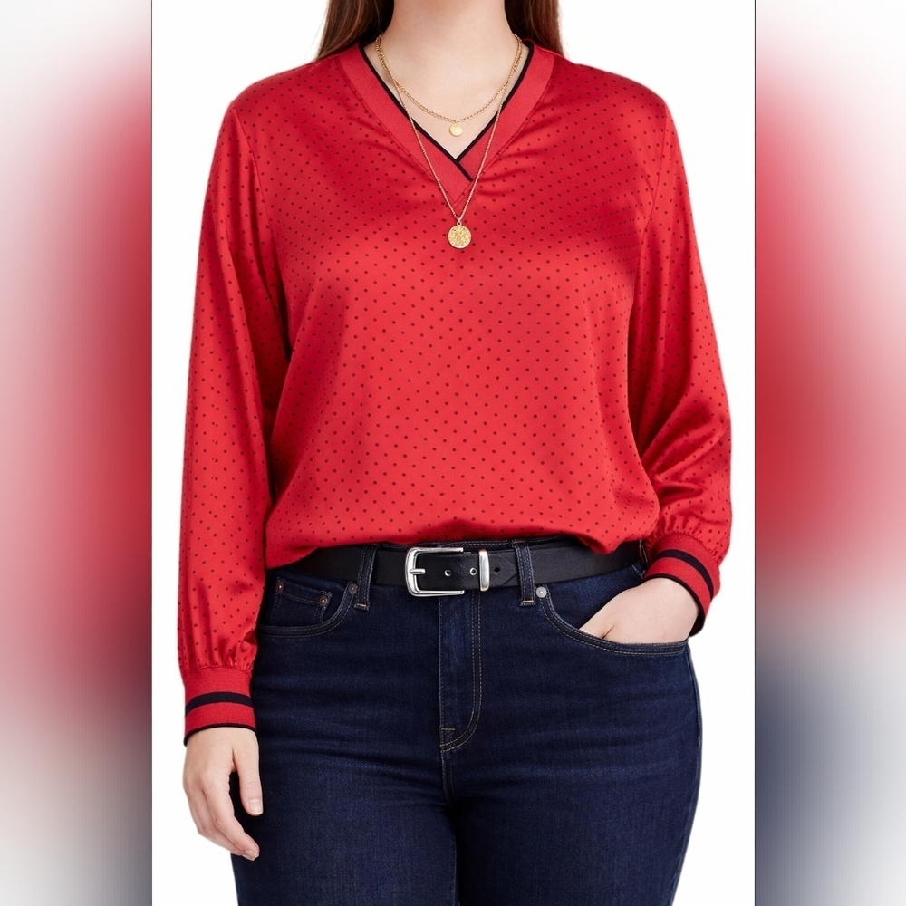 RALPH LAUREN Polka Dot Red and Black Blouse Top Long Sleeve Sport